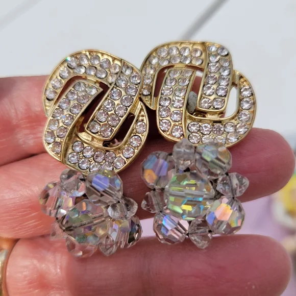 Clip-On Earrings ~ Vintage - Now ~ MCM Beaded Crystal & Current Rhinestone ~ 2pr - Picture 1 of 14